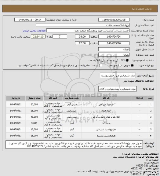 استعلام مواد شیمیایی طبق فایل پیوست