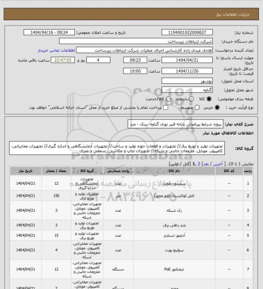 استعلام پروژه شرایط پیرامونی پایانه فیبر نوری گناوه- بینک - مند