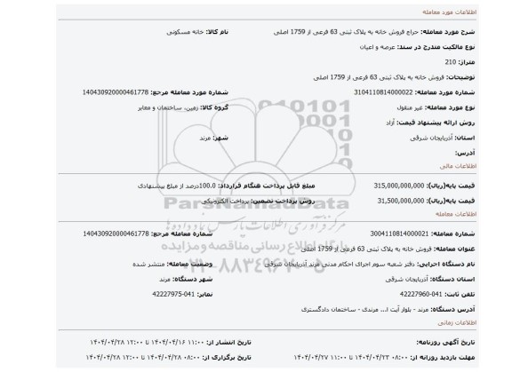 مزایده، فروش خانه به پلاک ثبتی 63 فرعی از 1759 اصلی