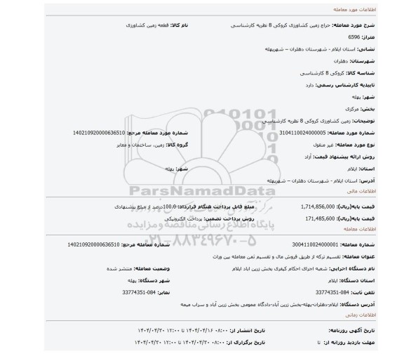 مزایده، زمین کشاورزی کروکی 8 نظریه کارشناسی