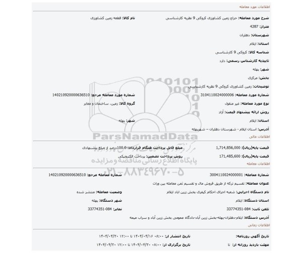 مزایده، زمین کشاورزی کروکی 9 نظریه کارشناسی