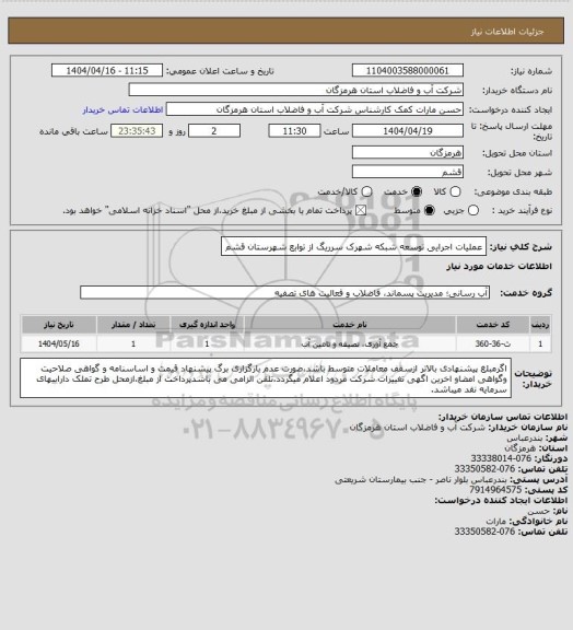 استعلام عملیات اجرایی توسعه شبکه شهرک سرریگ از توابع شهرستان قشم
