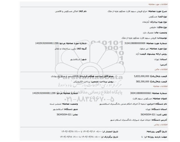 مزایده، فروش سهم الارث محکوم علیه از ملک
