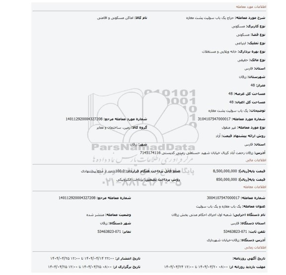مزایده، یک باب سوئیت پشت مغازه
