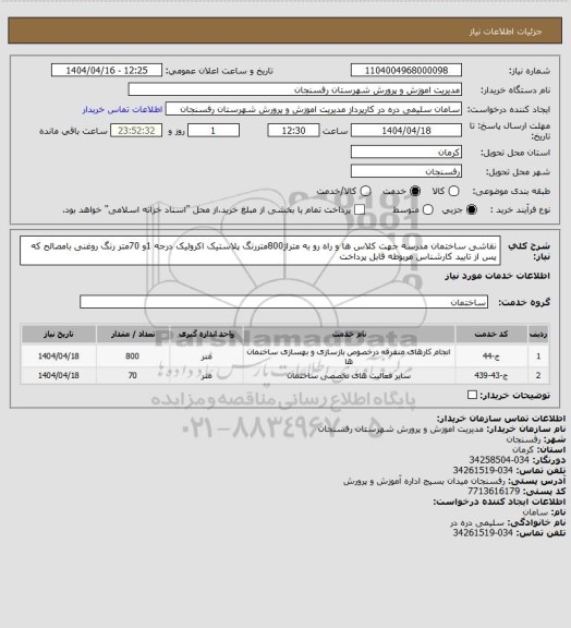 استعلام نقاشی ساختمان مدرسه جهت کلاس ها و راه رو به متراژ800متررنگ پلاستیک اکرولیک درجه 1و 70متر رنگ روغنی بامصالح که پس از تایید کارشناس مربوطه قابل پرداخت