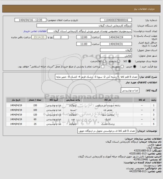 استعلام تعداد 5 قلم کالا .1-رشته آش 2- سویا 3- زرشک قرمز 4- کشک 5- خمیر مایه