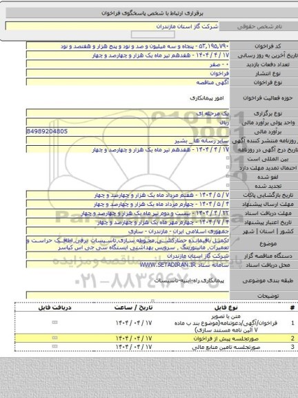 مناقصه, تکمیل باقیمانده حصارکشی٬محوطه سازی٬تاسیسات برقی٬اطاقک حراست و تعمیرات٬ مانیتورینگ ٬ سرویس بهداشتی ایستگاه سی جی اس کیاسر