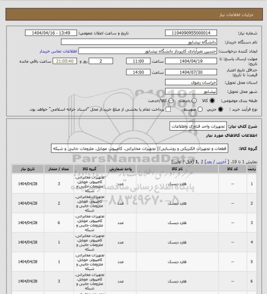 استعلام تجهیزات واحد فناوری واطلاعات