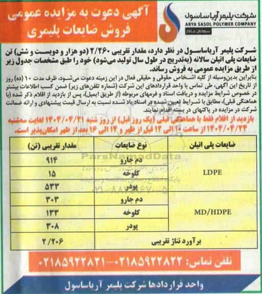 مزایده فروش ضایعات پلیمری 