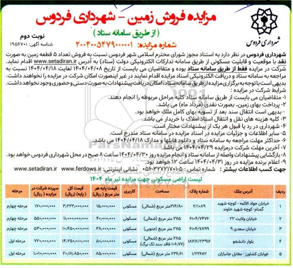 مزایده فروش تعداد 5 قطعه زمین