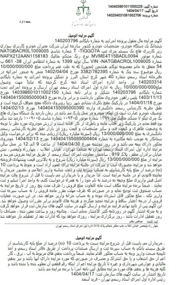 مزایده خودرو هاچ بک سیستم چری سال تولید 1399