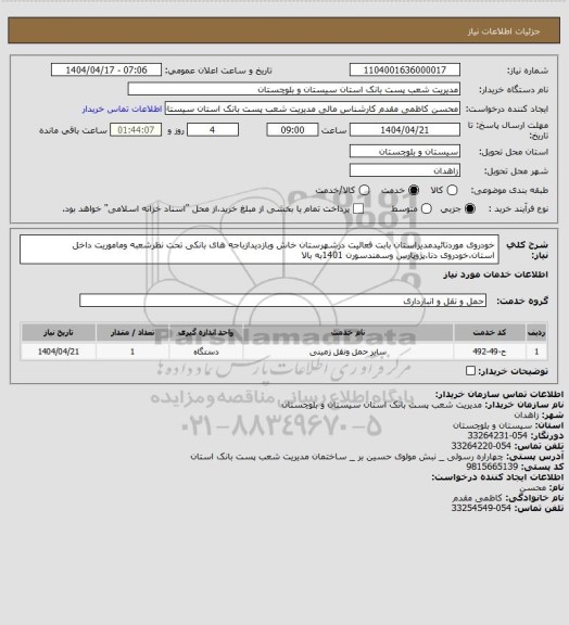 استعلام خودروی موردتائیدمدیراستان بابت فعالیت درشهرستان خاش وبازدیدازباجه های بانکی تحت نظرشعبه وماموریت داخل استان،خودروی دنا،پژوپارس وسمندسورن 1401به بالا