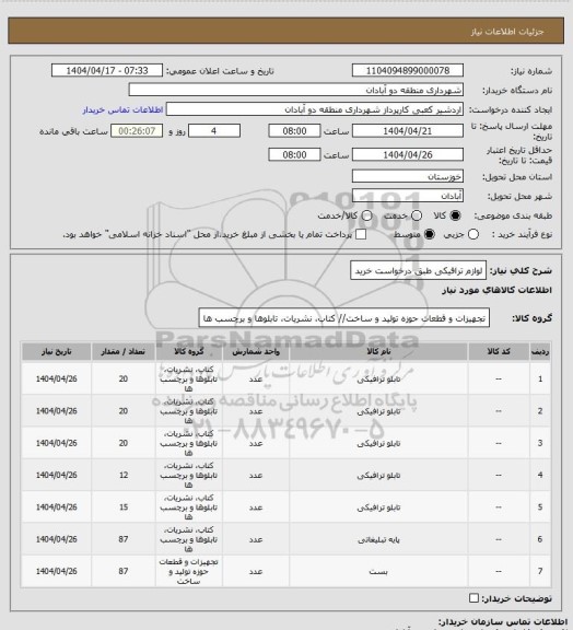 استعلام لوازم ترافیکی طبق درخواست خرید