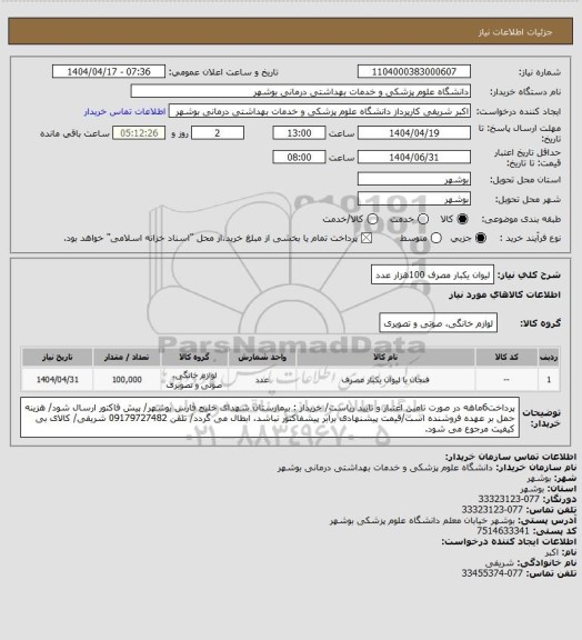 استعلام لیوان یکبار مصرف 100هزار عدد