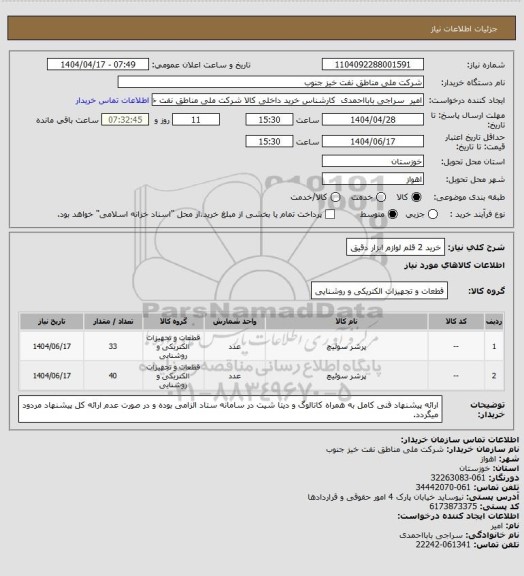 استعلام خرید 2 قلم لوازم ابزار دقیق