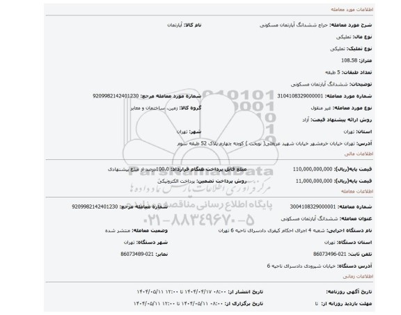 مزایده، ششدانگ آپارتمان مسکونی