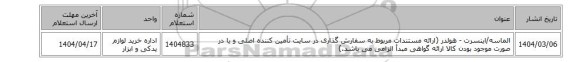 الماسه/اینسرت - هولدر (ارائه مستندات مربوط به سفارش گذاری در سایت تأمین کننده اصلی و یا در صورت موجود بودن کالا ارائه گواهی مبدأ الزامی می باشد.)
