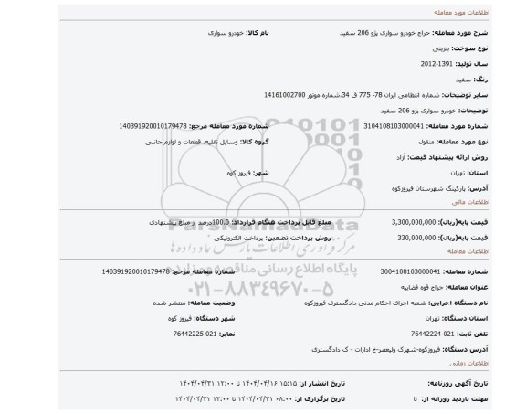 مزایده، خودرو سواری پژو 206 سفید