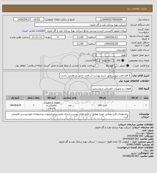 استعلام 5 قلم لامپ پیچی طبق شرح پیوست (ساخت داخل مدنظرمی باشد)
