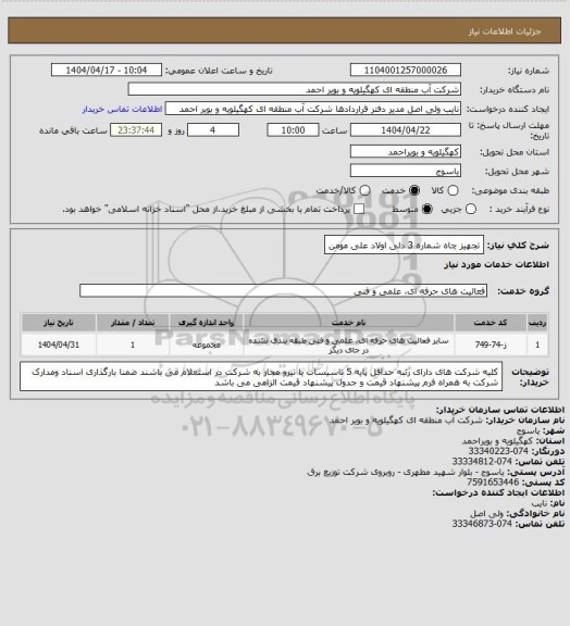 استعلام تجهیز چاه شماره 3 دلی اولاد علی مومن