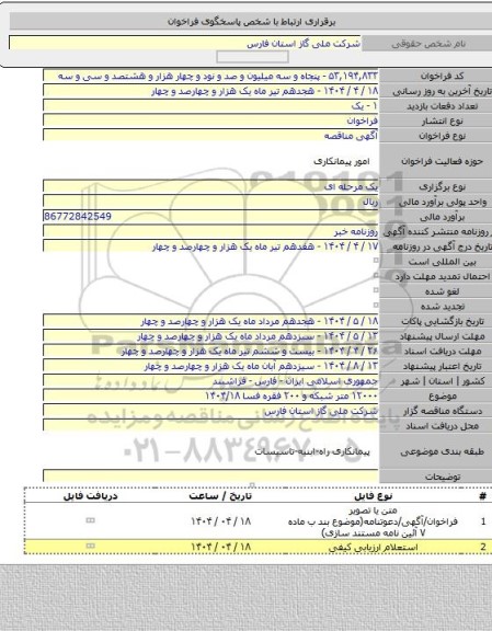 مناقصه, ۱۲۰۰۰ متر شبکه و ۲۰۰ فقره فسا ۱۴۰۴/۱۸