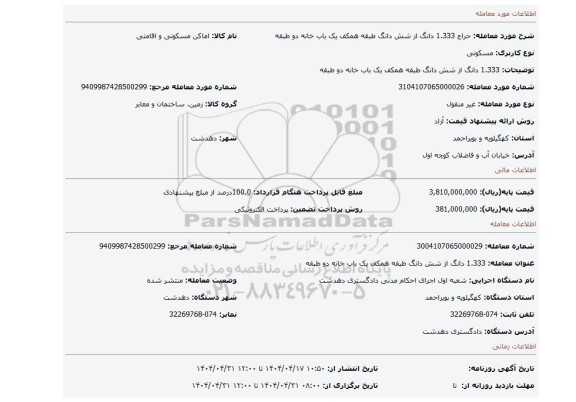 مزایده، 1.333 دانگ از شش دانگ طبقه همکف یک باب خانه دو طبقه