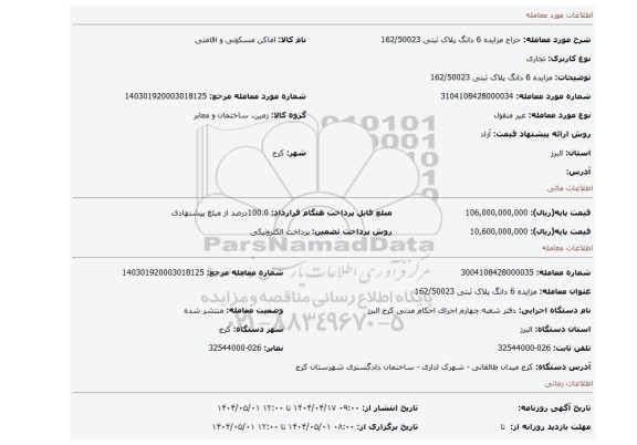 مزایده، مزایده 6 دانگ پلاک ثبتی 162/50023