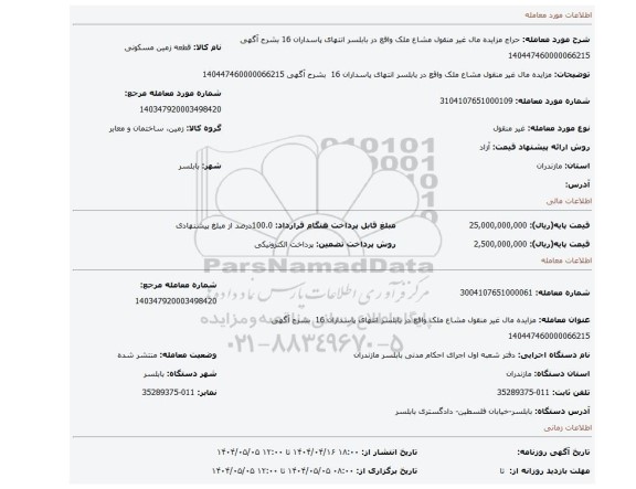 مزایده، مزایده مال غیر منقول مشاع ملک واقع در بابلسر  انتهای پاسداران 16   بشرح آگهی 140447460000066215
