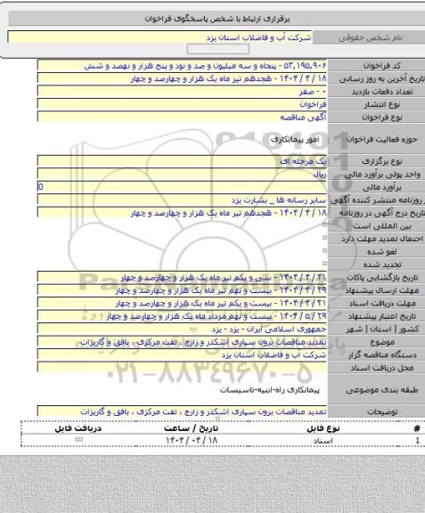 مناقصه, تمدید مناقصات برون سپاری اشکذر و زارچ ، تفت مرکزی ، بافق و گاریزات