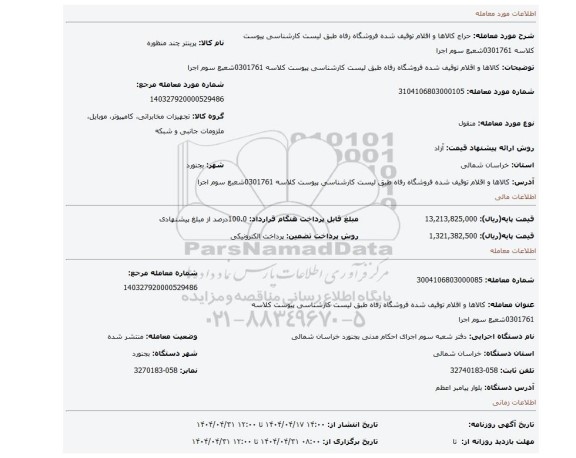 مزایده، کالاها و اقلام توقیف شده فروشگاه رفاه طبق لیست کارشناسی پیوست کلاسه 0301761شعبع سوم اجرا
