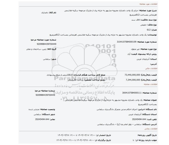 مزایده، یک واحد دامداری مخروبه مشهور به خرابه یری از مارترک مرحومه سکینه هاشمی اهرنجانی بمساحت 612مترمربع