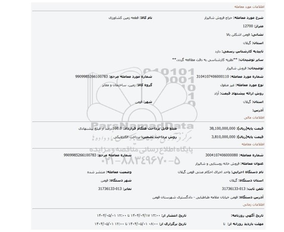 مزایده، فروش شالیزار