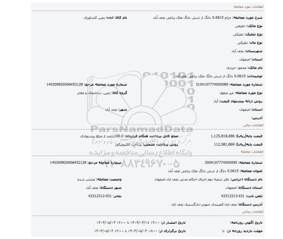 مزایده، 0.0615 دانگ از شش دانگ ملک زراعی نجف آباد
