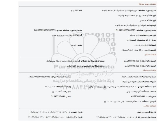 مزایده، اموال غیر منقول یک باب خانه باغچه
