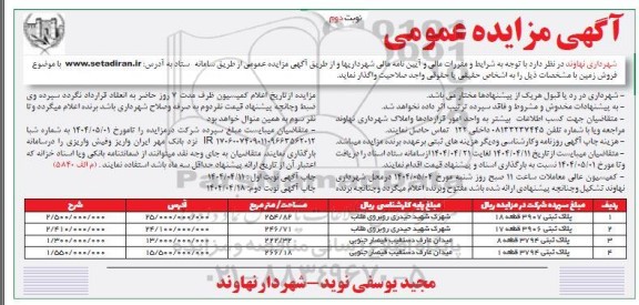 مزایده فروش 4 قطعه زمین  نوبت دوم 
