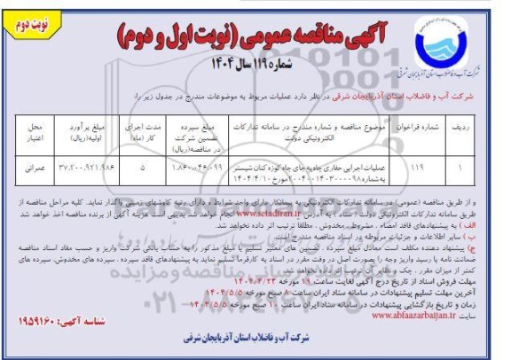 مناقصه عملیات اجرایی حفاری چاه به جای چاه ... / نوبت دوم