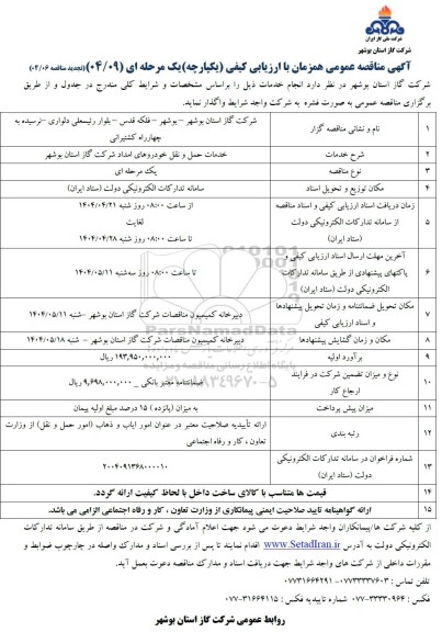مناقصه خدمات حمل و نقل خودروهای امداد 