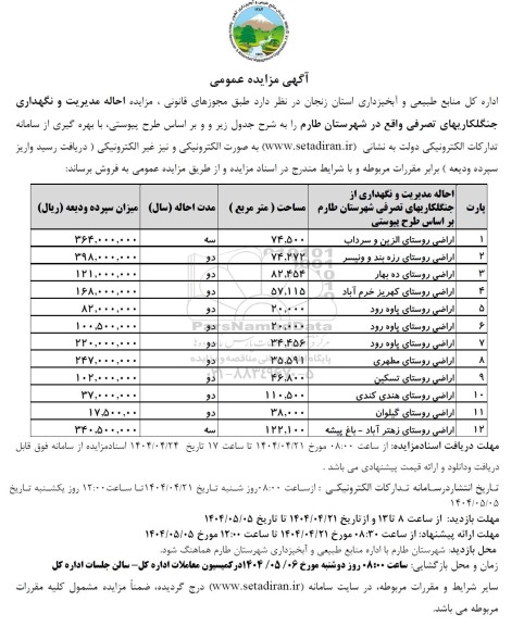 مزایده احاله مدیریت و نگهداری جنگلکاری های تصرفی ...