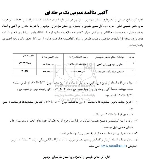 مناقصه اجرای عملیات گشت، مراقبت و حفاظت از عرصه های منابع طبیعی..