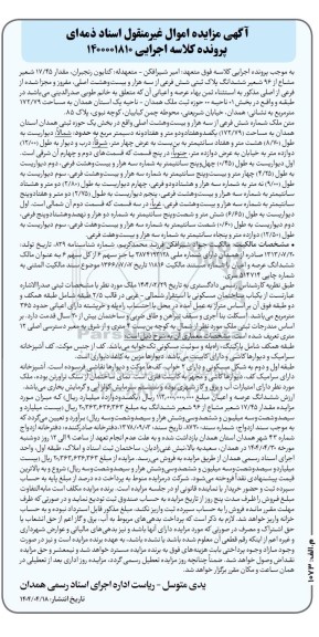 مزایده فروش پلاک ثبتی شش فرعی از سه هزار و بیست و هشت اصلی، مفروز و مجزی شده از فرعی از اصلی
