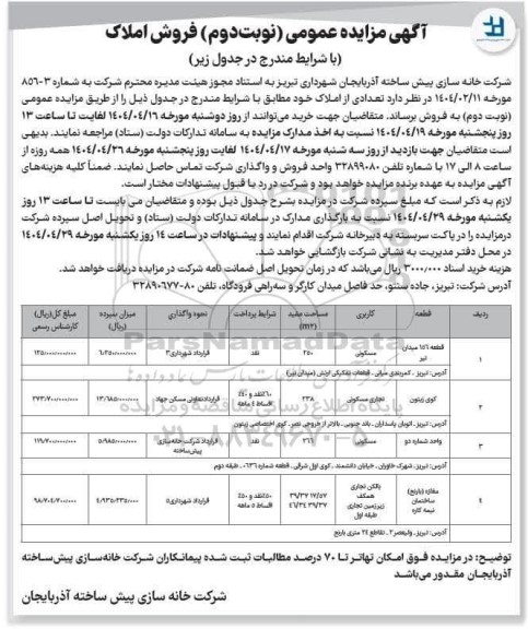 آگهی مزایده عمومی فروش املاک- نوبت دوم