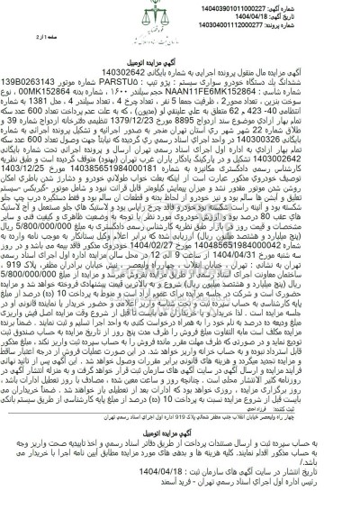 مزایده فروش پژو تیپ پارس TU5