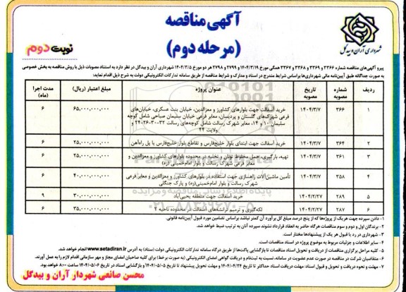 مناقصه خرید آسفالت جهت بلوارهای کشاورز و معزالدین.......- مرحله دوم نوبت دوم