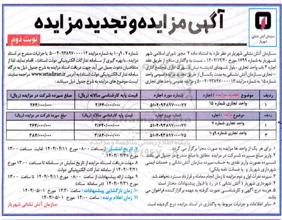 مزایده واگذاری منافع از طریق عقد اجاره 3 باب واحد تجاری تجدید نوبت دوم