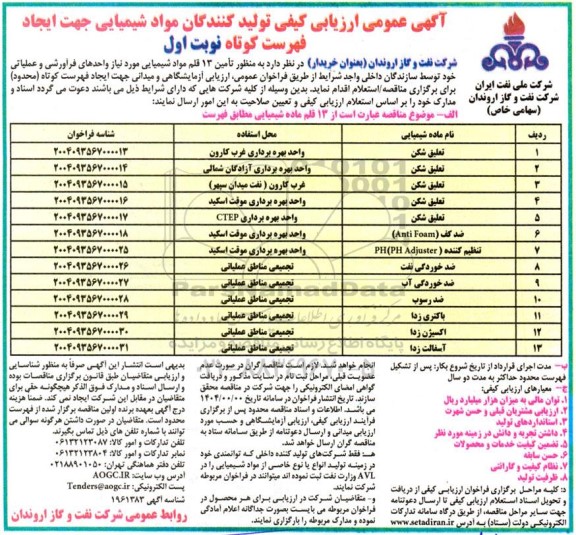 مناقصه خرید 13 قلم ماده شیمیایی