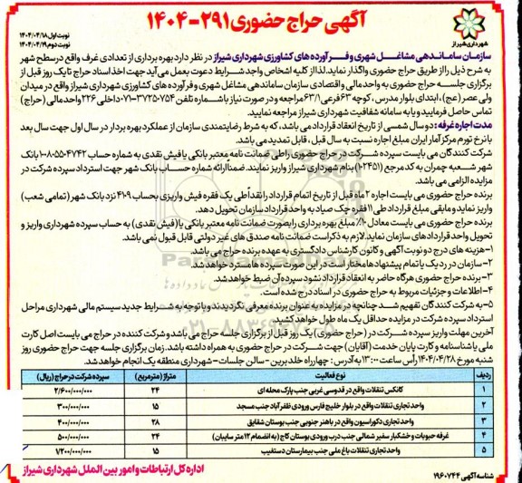 حراج حضوری بهره برداری از تعدادی غرف
