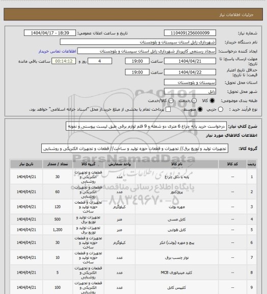 استعلام درخواست خرید پایه چراغ 6 متری دو شعله  و 9 قلم لوازم برقی طبق لیست پیوستی و نمونه