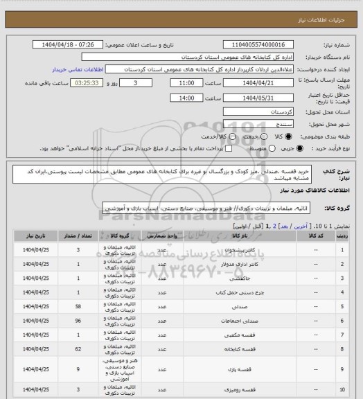 استعلام خرید  قفسه .صندلی .میز کودک و بزرگسال بو غیره برای کتابخانه های عمومی مطابق مشخصات لیست پیوستی.ایران کد مشابه میباشد