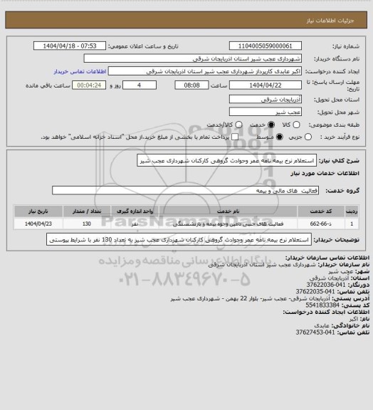 استعلام استعلام نرخ بیمه نامه عمر وحوادث گروهی کارکنان شهرداری عجب شیر