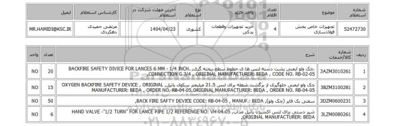 استعلام تجهیزات خاص بخش فولادسازی